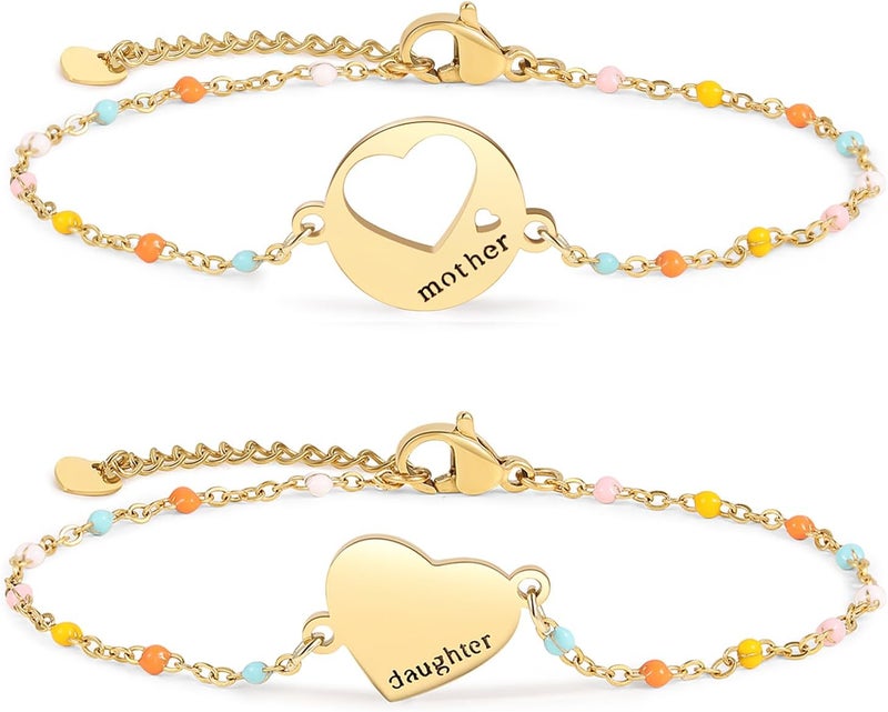 DS Mother Daughter Bracelets Set,18K Gold Plated Stainless Steel Heart Jewelry for Women Girls,Mothers Day Gifts for Mom/Daughter,Adjustable Matching Bracelets for Mommy and Me gift box packaging - Image 1